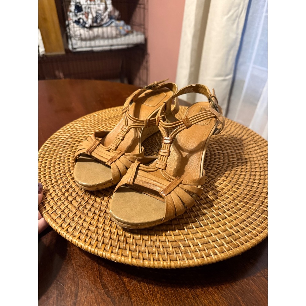Clarks Artisan Tan Leather Strappy Cork Wedge Sandals Womens 6M 85387